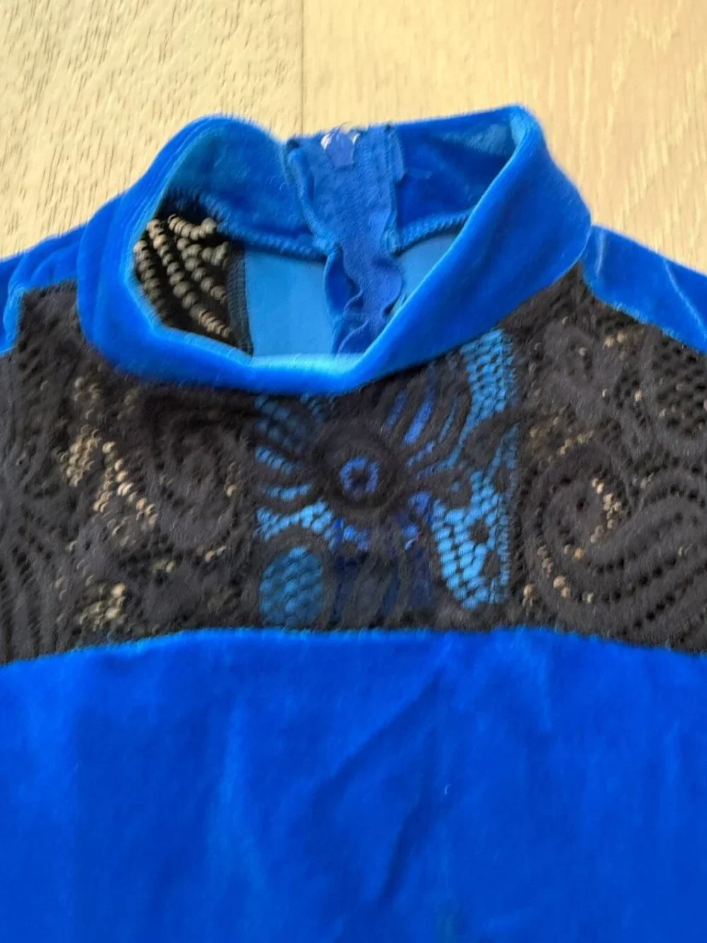 Curtain Call Blue Velvet Stretch Lace Dance Leotard Costume CLA 10-12